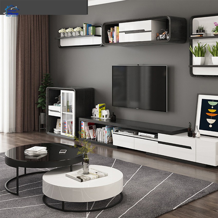 Bộ Bàn trà sofa mặt kính & gỗ cao cấp có ngăn kéo để đồ thông minh đen trắng cổ điển nội thất phòng khách & phòng ngủ