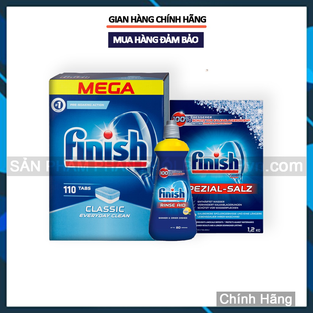 Combo viên rửa bát Finish Hộp Classic 110 viên, Muối 1.2kg, Nước làm bóng 400ml