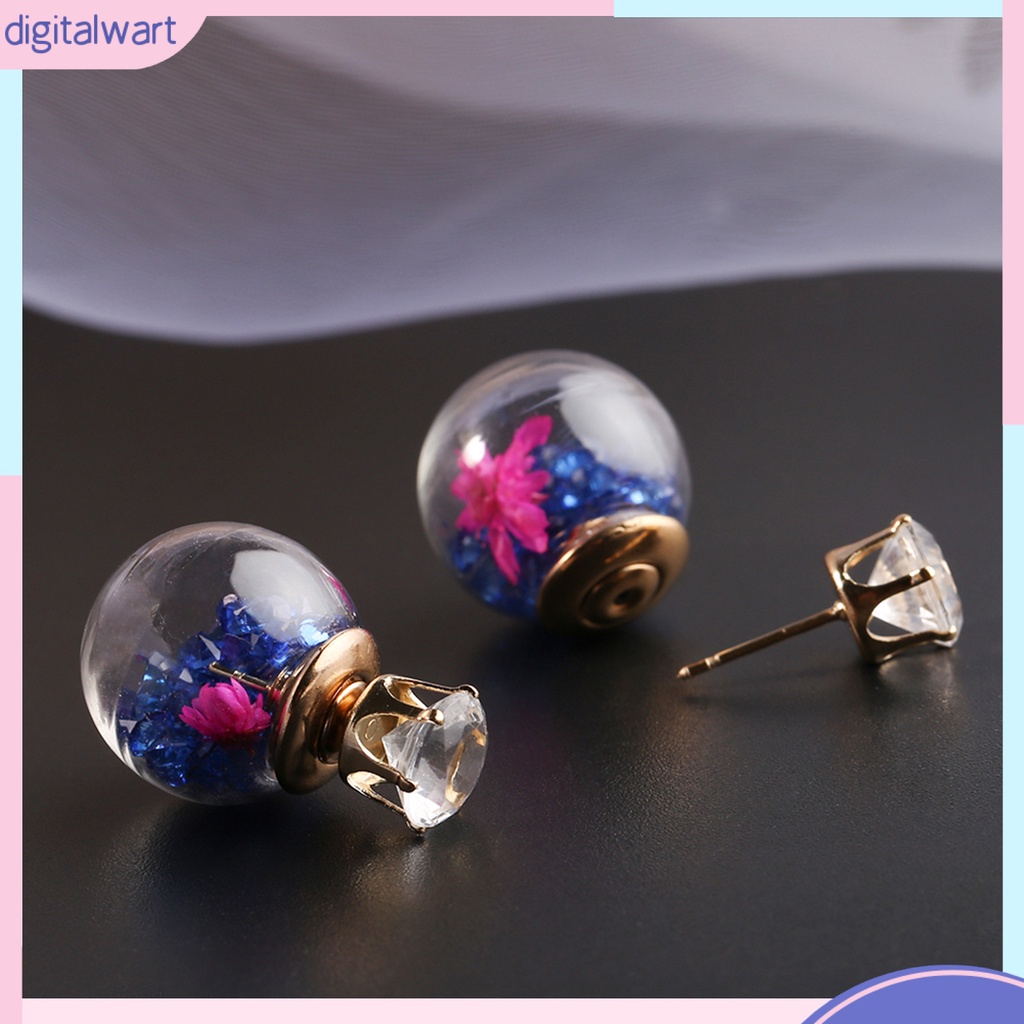 Cặp khuyên tai thiết kế quả cầu thủy tinh chứa hoa giả sang trọng cá tính dành cho nữ