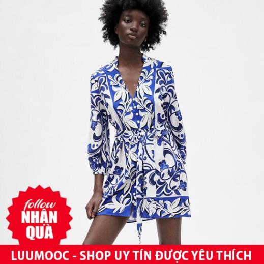 Đầm Zara họa tiết hoa xanh phong cách gốm DH2VVG53N10 Hot