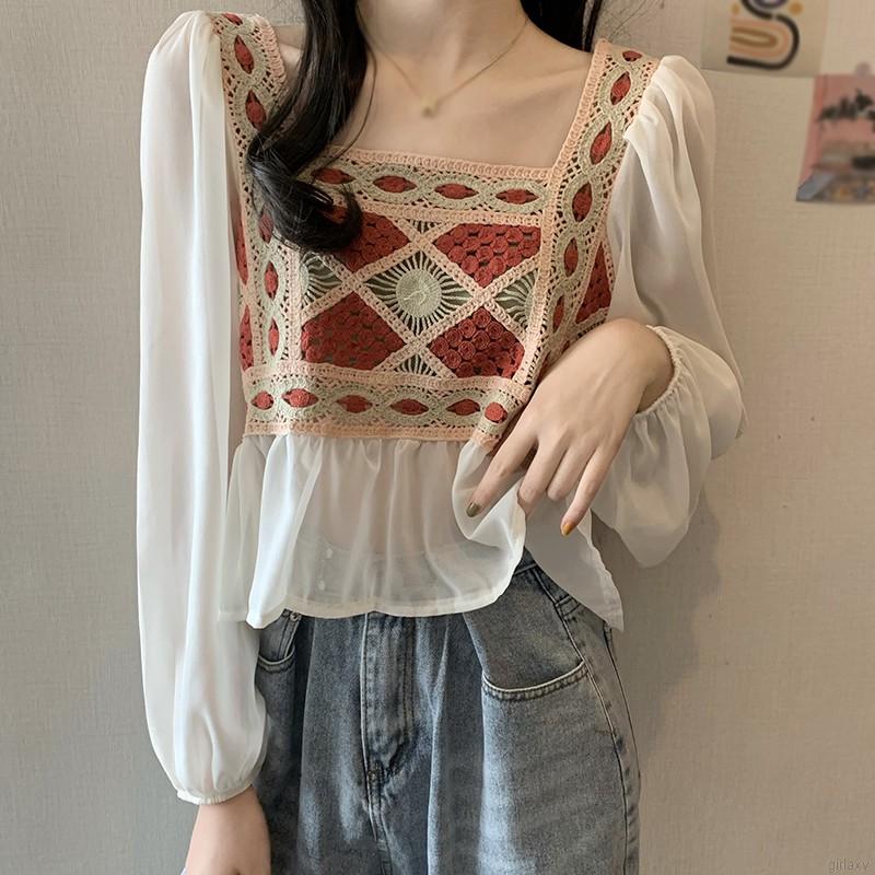 Áo kiểu vải voan tay phồng dài phong cách Hàn Quốc xinh xắn cho nữ