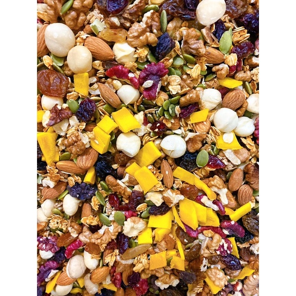 Granola siêu hạt 100% hạt dinh dưỡng mix macca hạnh nhân hat bí hạt điều hộp 500g các vị ăn kiêng eatclean