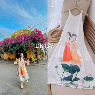 VÁY SUÔNG NỮ MÀU TRẮNG HỌA TIẾT CÔ GÁI HOA SEN CỰC ĐẸP DK137