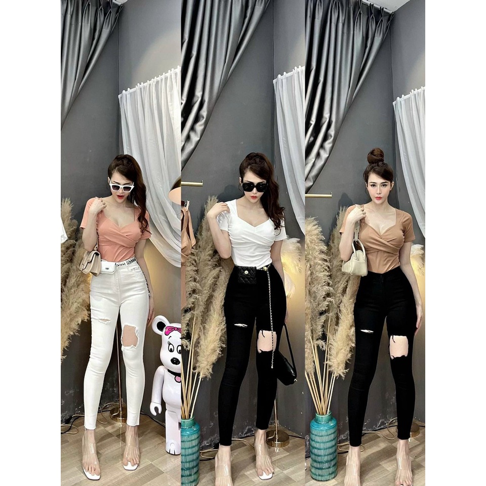 Áo kiểu tay ngắn cổ vuông xoắn ngực cực xinh , chất thun bozip mềm mịn