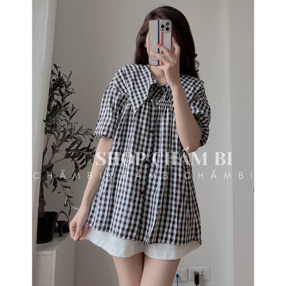 Áo sơ mi cách điệu A.317, Áo kiểu dáng dài cổ nhọn Gothic tay lỡ bo chun nhún ngực 2 màu điệu đà - Thời trang nữ Chấm Bi | BigBuy360 - bigbuy360.vn