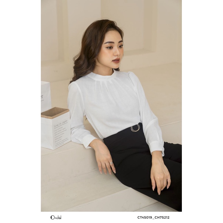 Áo sơ mi nữ trắng dài tay cổ tròn nữ tính, Vải lụa cao cấp - Orchid CT4S019