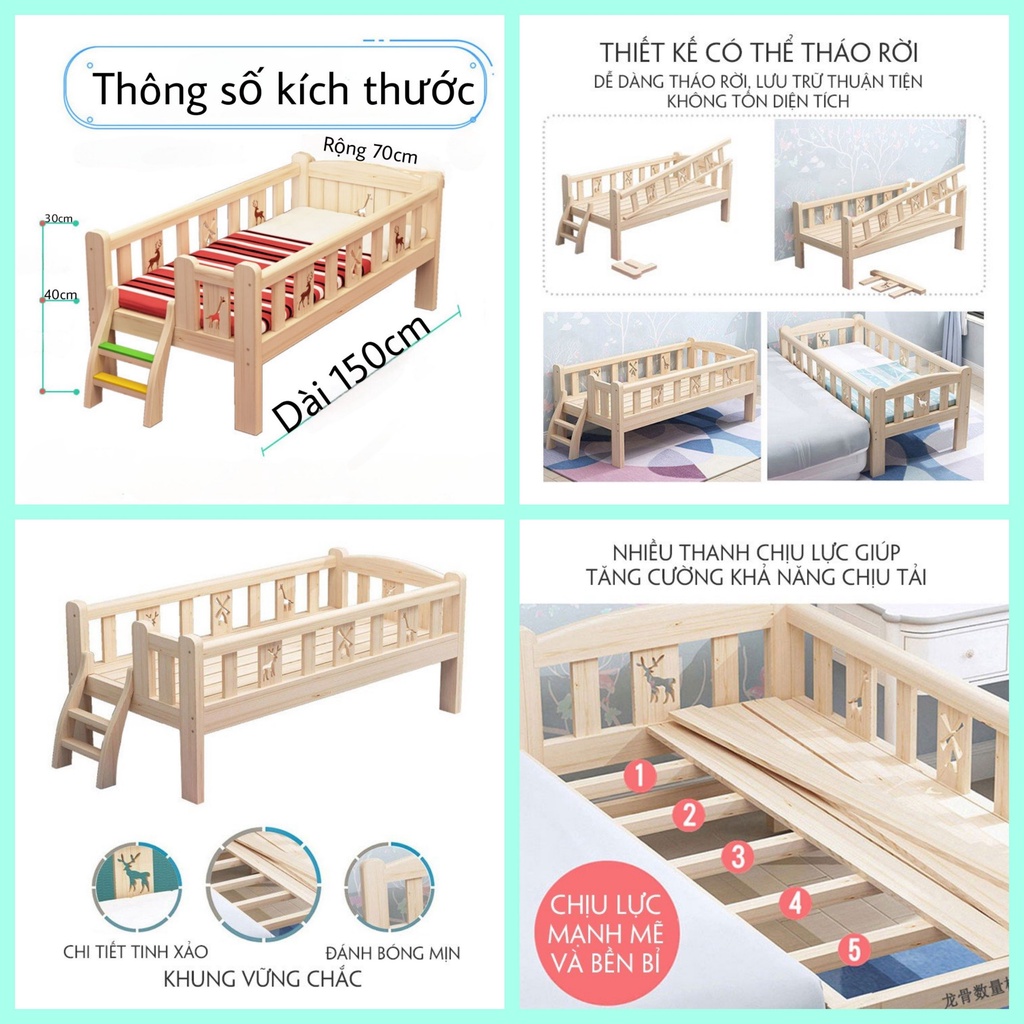 [Tặng đệm xơ dừa] Giường ghép cho trẻ em, giường cho bé kích thước dài 168cm rộng 88cm, gỗ thông cho bé từ 0-15 tuổi