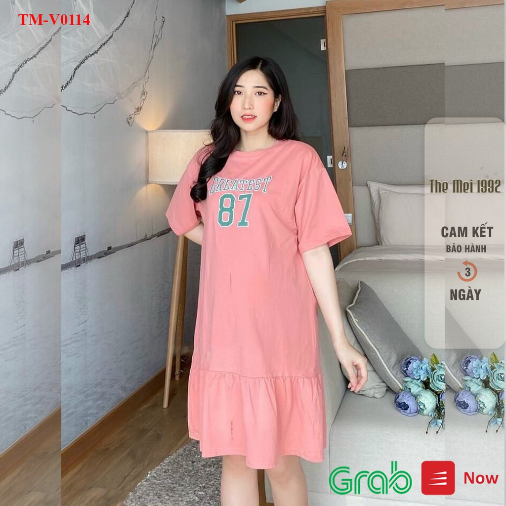 Váy thun suông nữ The Mei 1992 - Đầm bầu cao cấp chất cotton mát dáng đuôi cá có chữ trước ngực siêu xinh