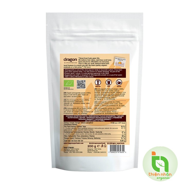 Bột nhân sâm Ấn Độ Ashwagandha hữu cơ Dragon Superfoods 200g - Ashwagandha Powder