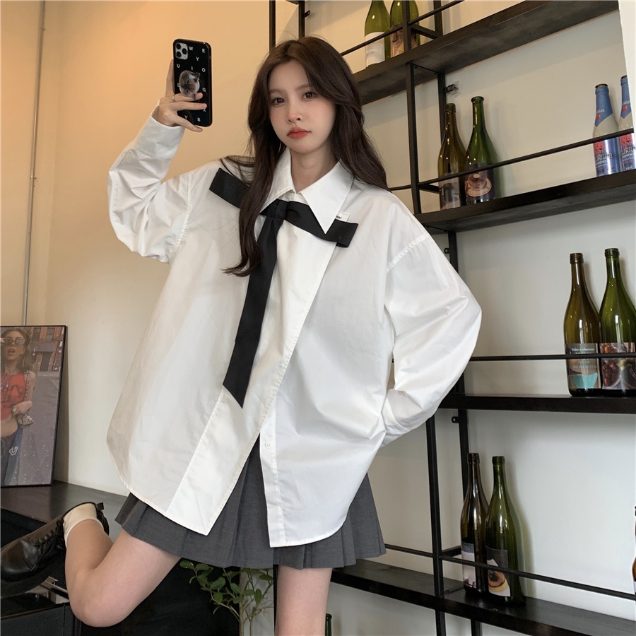 Áo Sơ Mi Tay Dài Dáng Rộng Cổ Thắt Nơ Thời Trang Cho Nữ