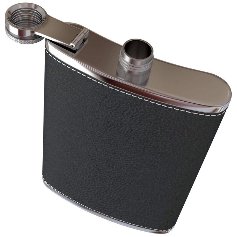 Chai rượu để túi bên hông inox 8 oz có phễu bọc da đen