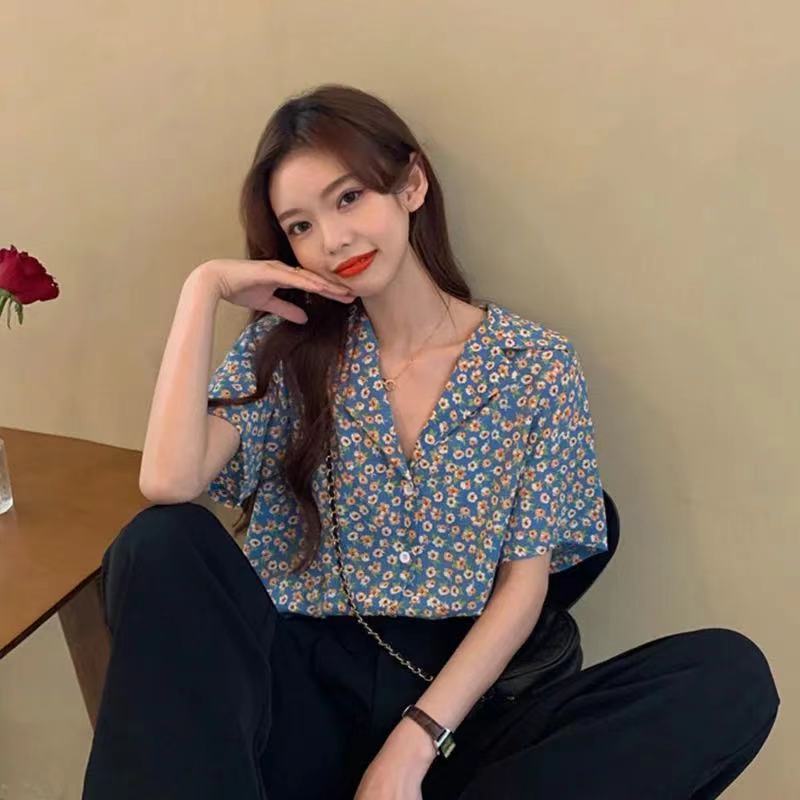 SUXI Áo sơ mi tay ngắn họa tiết hoa thời trang thanh lịch cho nữ
