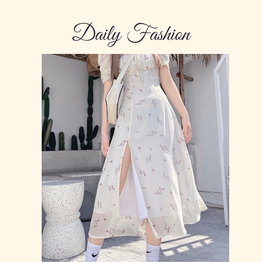Đầm maxi trắng hoa nhí xẻ tà cổ vuông nhún ngực đi biển giá rẻ, đẹp | BigBuy360 - bigbuy360.vn