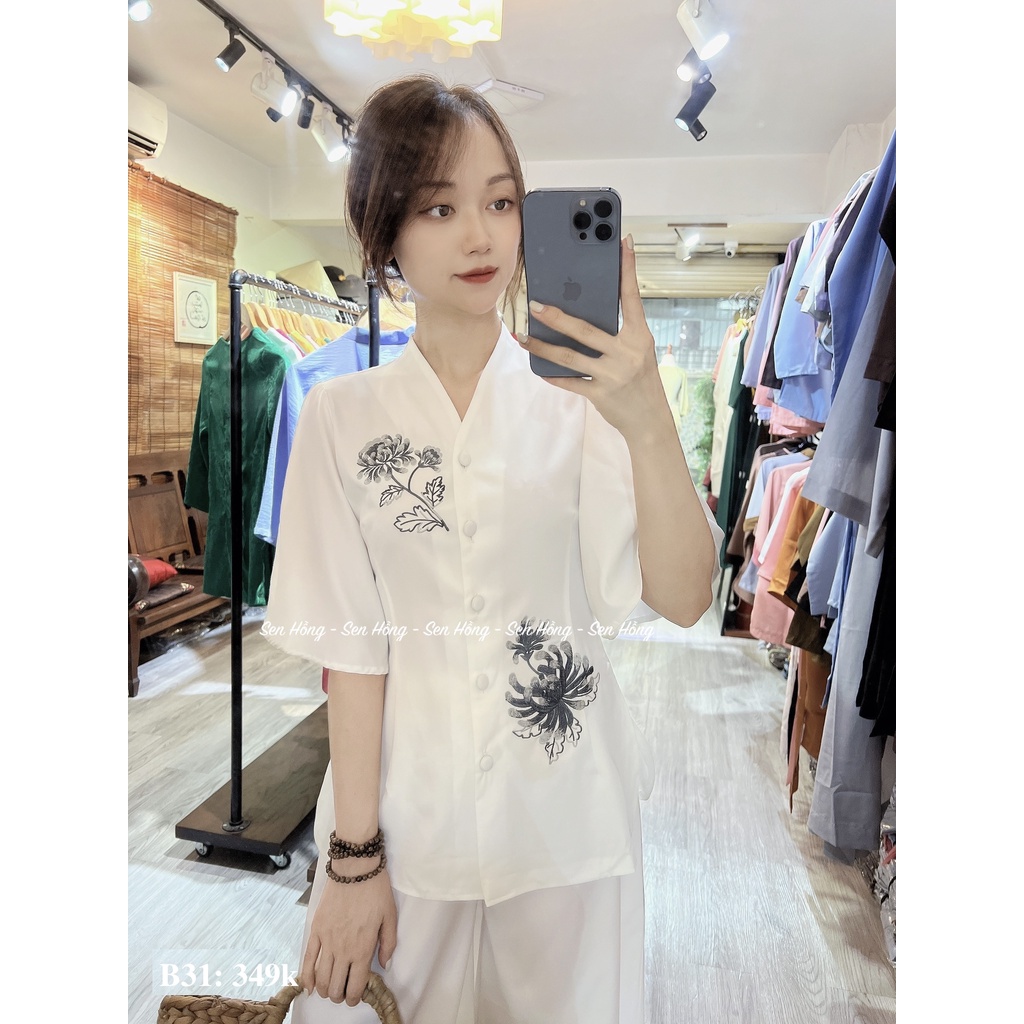 QUẦN ÁO PHẬT TỬ ĐI CHÙA CAP CẤP - pháp phục nữ vải cotton lạnh # mẫu đồ lam đi lễ thêu hoa cúc thanh lịch B31