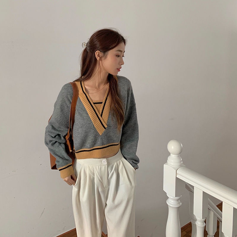 Áo len tay dài cổ chữ v màu sắc thời trang phong cách Hàn Quốc dành cho nữ