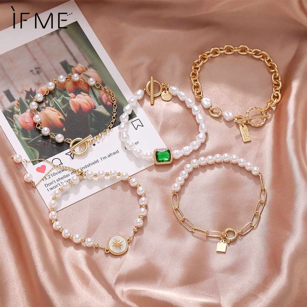 IF ME Vòng tay mạ vàng xỏ hạt ngọc trai giả phong cách Hàn Quốc sang trọng cho nữ