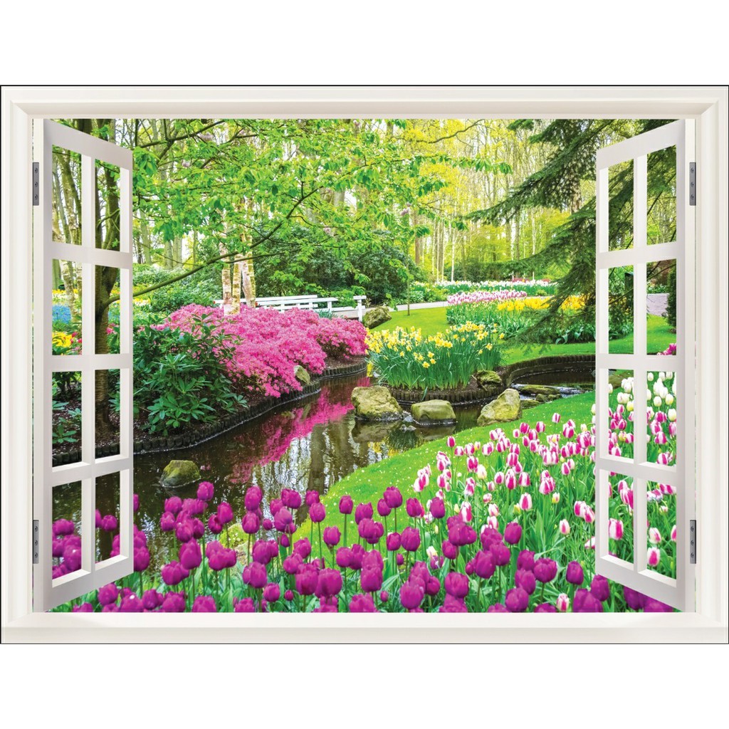 Decal tranh dán tường 3d khung cửa sổ phong cảnh trang trí phòng khách chất liệu decal pp keo sẵn bóc dán atk18