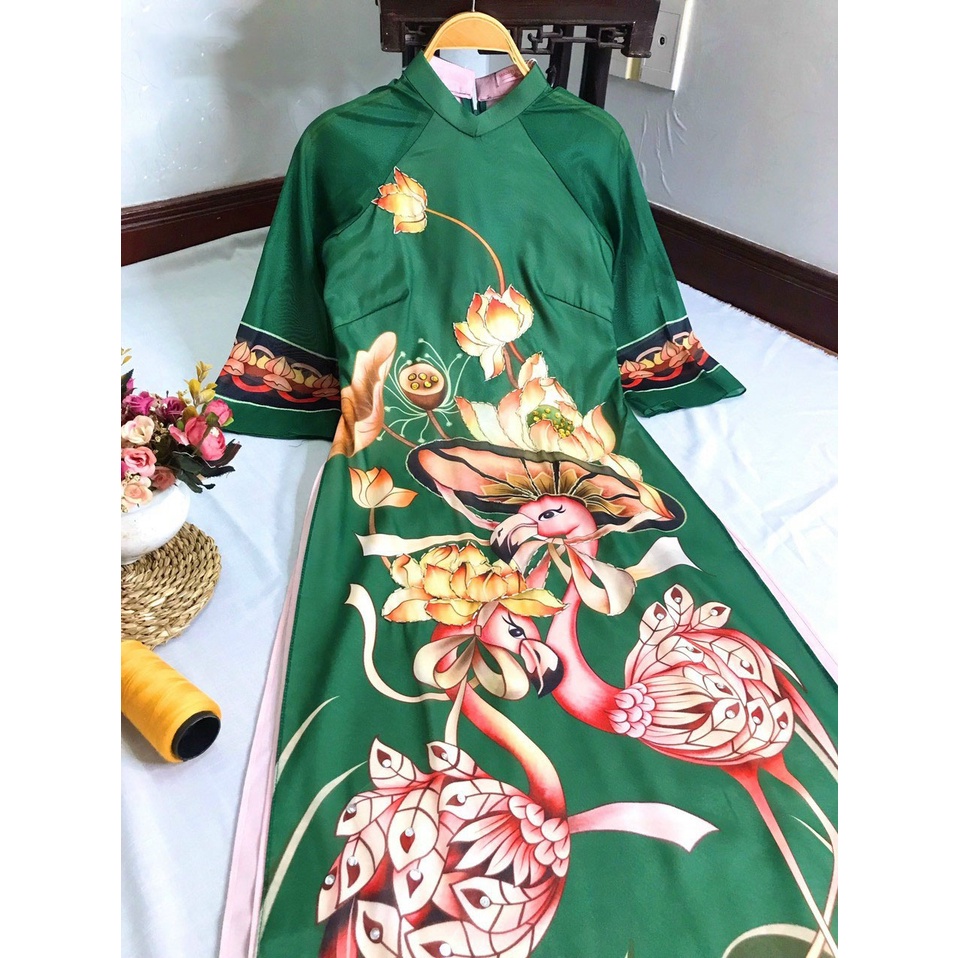 Áo Dài Cách Tân Nữ Thiết Kế Tơ Sen Mềm Mịn Màu Rêu