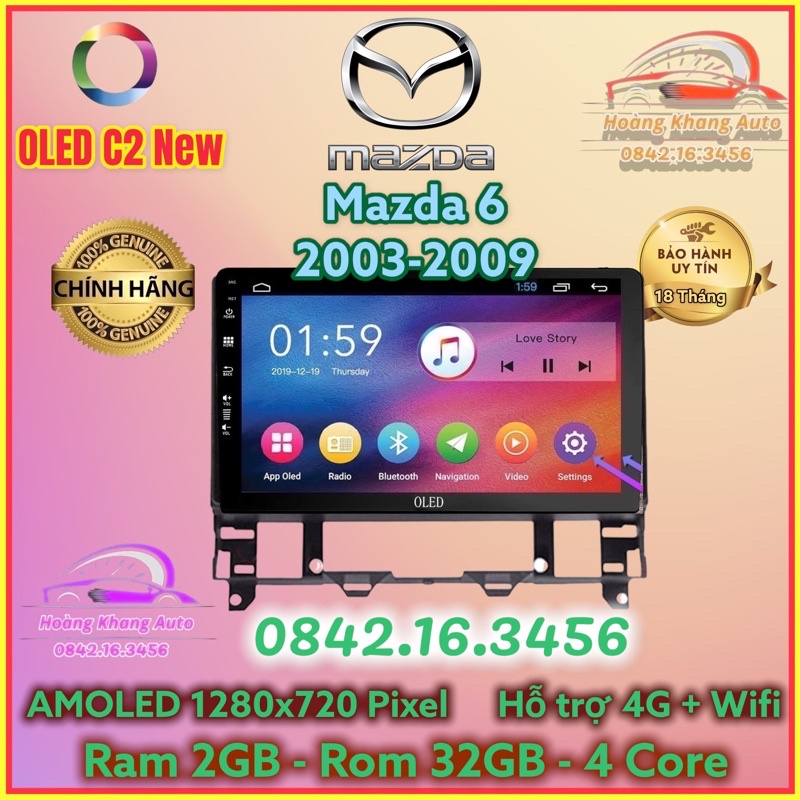 Màn hình Android OLED C2 New Theo Xe Mazda 6 2003 - 2009, 10 inch kèm dưỡng và jack nguồn zin