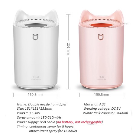 Máy phun sương tạo ẩm, khuếch tán tinh dầu KOLEAD-H20 Humidifier 2 vòi phun, 3000ml, đèn LED 7 màu