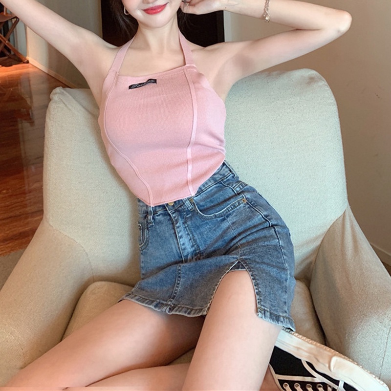 Áo sát nách dệt kim không tay cổ yếm họa tiết chữ bất đối xứng thời trang quyến rũ cho nữ