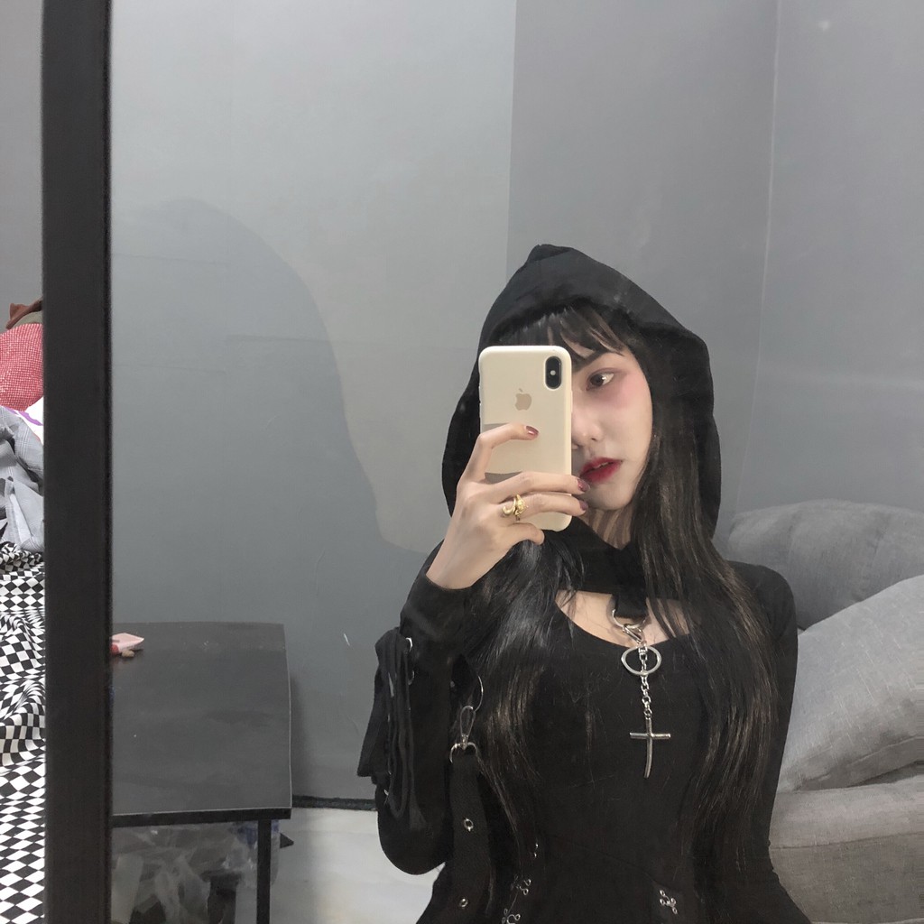 Set đầm đen + hoodie croptop ulzzang dài 2 dây xẻ tà móc kim loại cá tính độc chất lạ full black