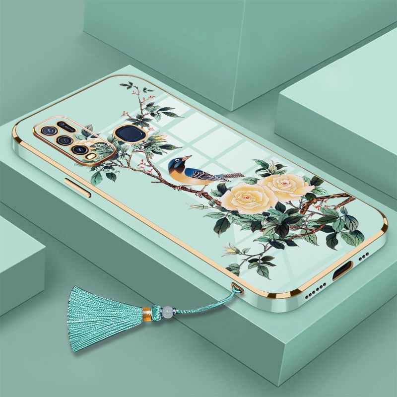 Ốp Điện Thoại Silicon Mềm Mạ Điện Họa Tiết Hoa Và Chim Có Dây Đeo Cho vivo y50 y30