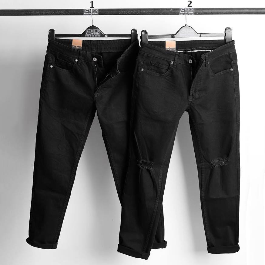 Quần jean nam đen trơn, quần jean nam rách gối dáng skinny Routine