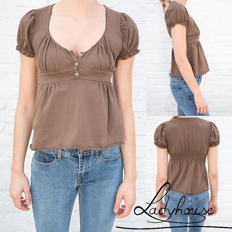 LD-Women´s Tops, V Neck Short Sleeve Fungus Trim Solid Color Loose Casual Pullover T-Shirt Summer