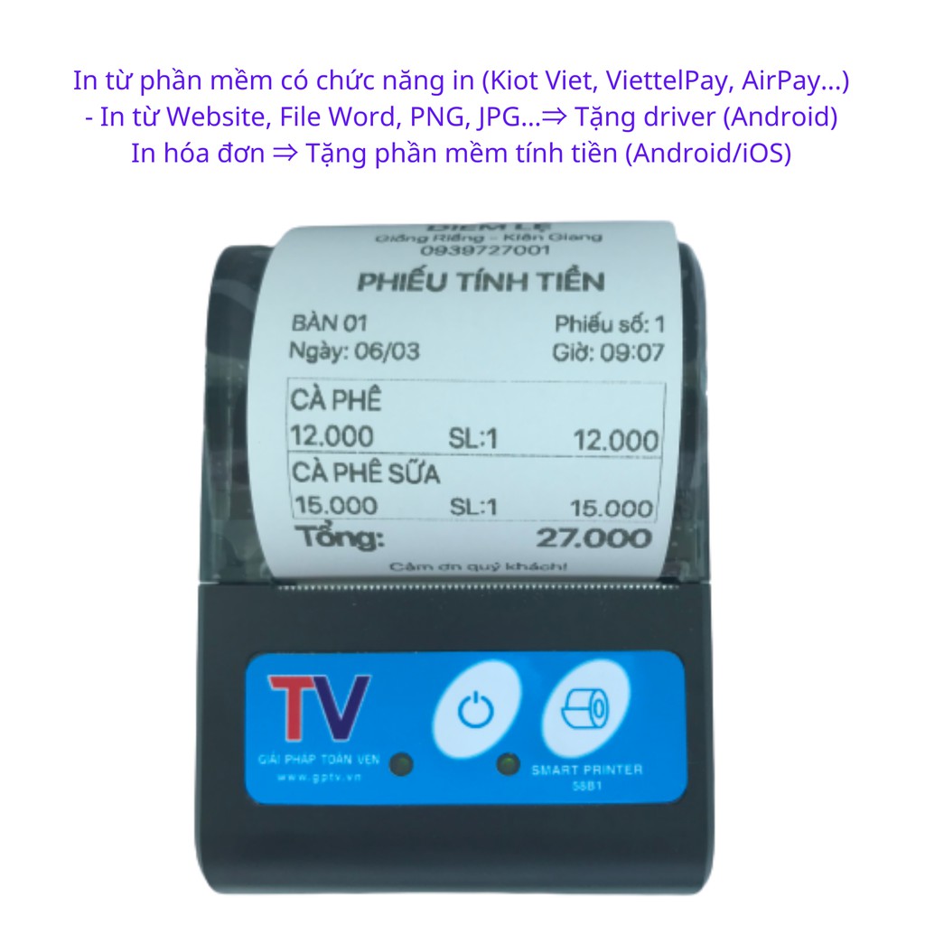 Máy in hóa đơn nhiệt không dây bluetooth mini K58 bill cầm tay in Viettel Pay Pro, KiotViet - Tặng 5 cuộn giấy