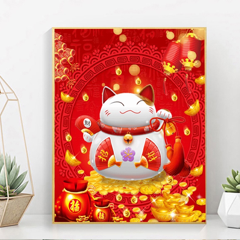 Tranh gắn đá đính kín toàn bộ Mèo Đỏ May Mắn
