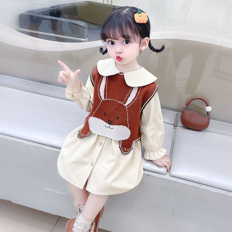 Mới Set Đầm Kaki Tay Dài + Áo Khoác Ghi Lê Dệt Kim In Hình Thỏ Dễ Thương Thời Trang Mùa Thu Cho Bé Gái