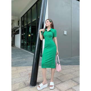 Đầm body thun gân xanh vàng đen trắng cổ sơ mi