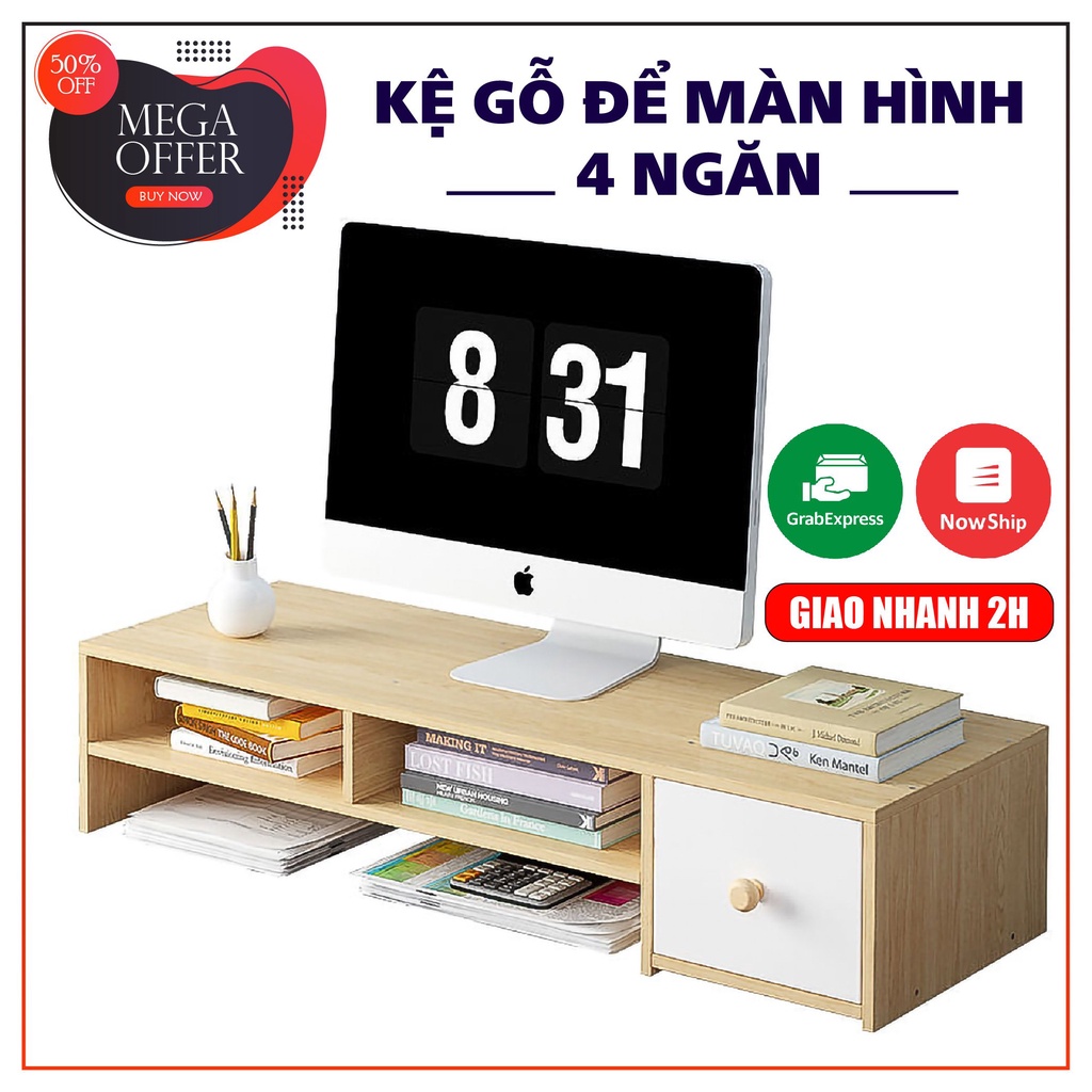 Kệ gỗ để màn hình vi tính , laptop 2 tầng kèm kệ sách có ngăn keo
