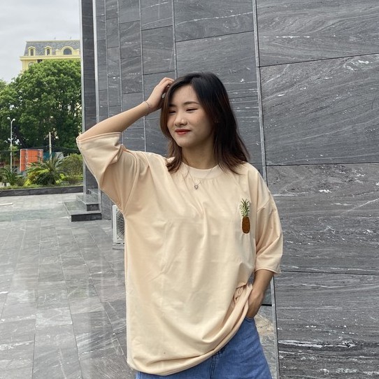 Áo thun UNISEX oversize DT Clothes, áo phông nam nữ thêu ngực hình QUẢ DỨA( ảnh thật shop tự chụp )