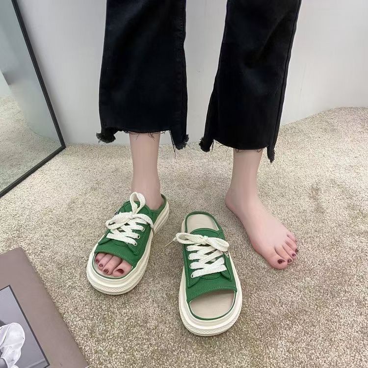 ♧Open-toed slippers for women s outer wear, old canvas shoes, lace-up, breathable casual flat-soled cloth shoes, houndstooth, new summer 2021dép lê nữdép lê bé traidép lê quai ngangDép lê