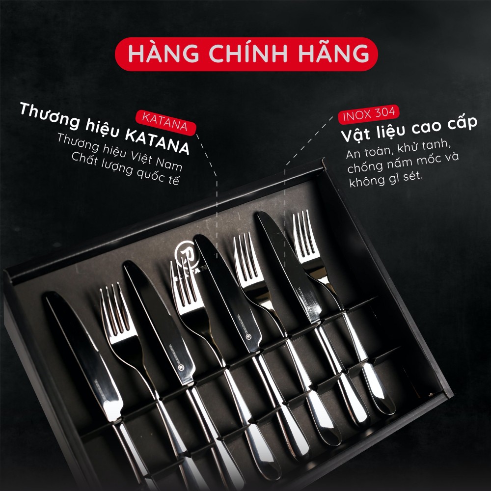 Bộ 8 dao dĩa ăn bít tết inox 304 KATANA Elegance cao cấp, sang trọng, tinh tế - vân trơn sáng bóng - VTK284