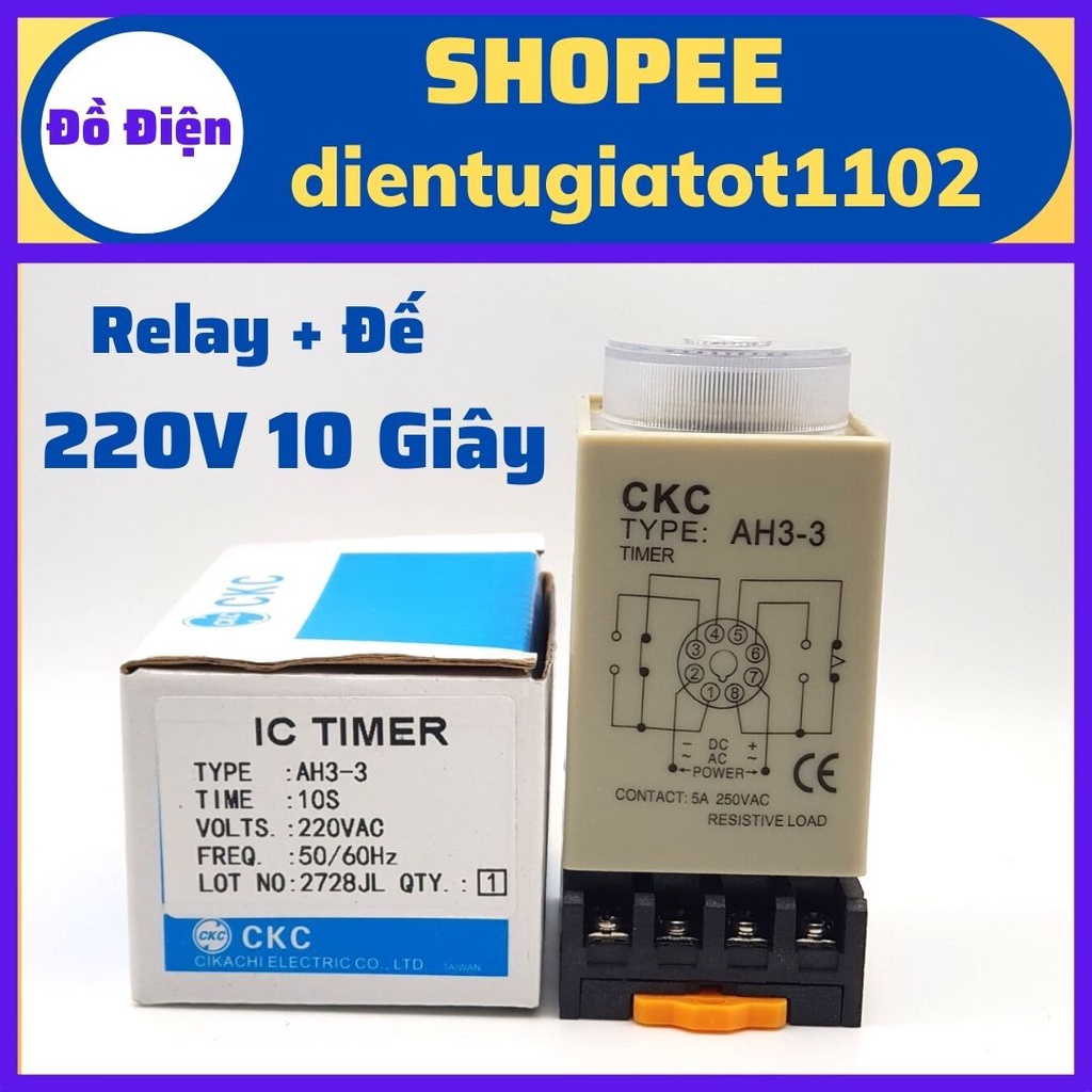 Relay thời gian CKC AH3-3, time 10 giây 220V, rơ le thời gian CKC 10 giây, rơ le thời gian