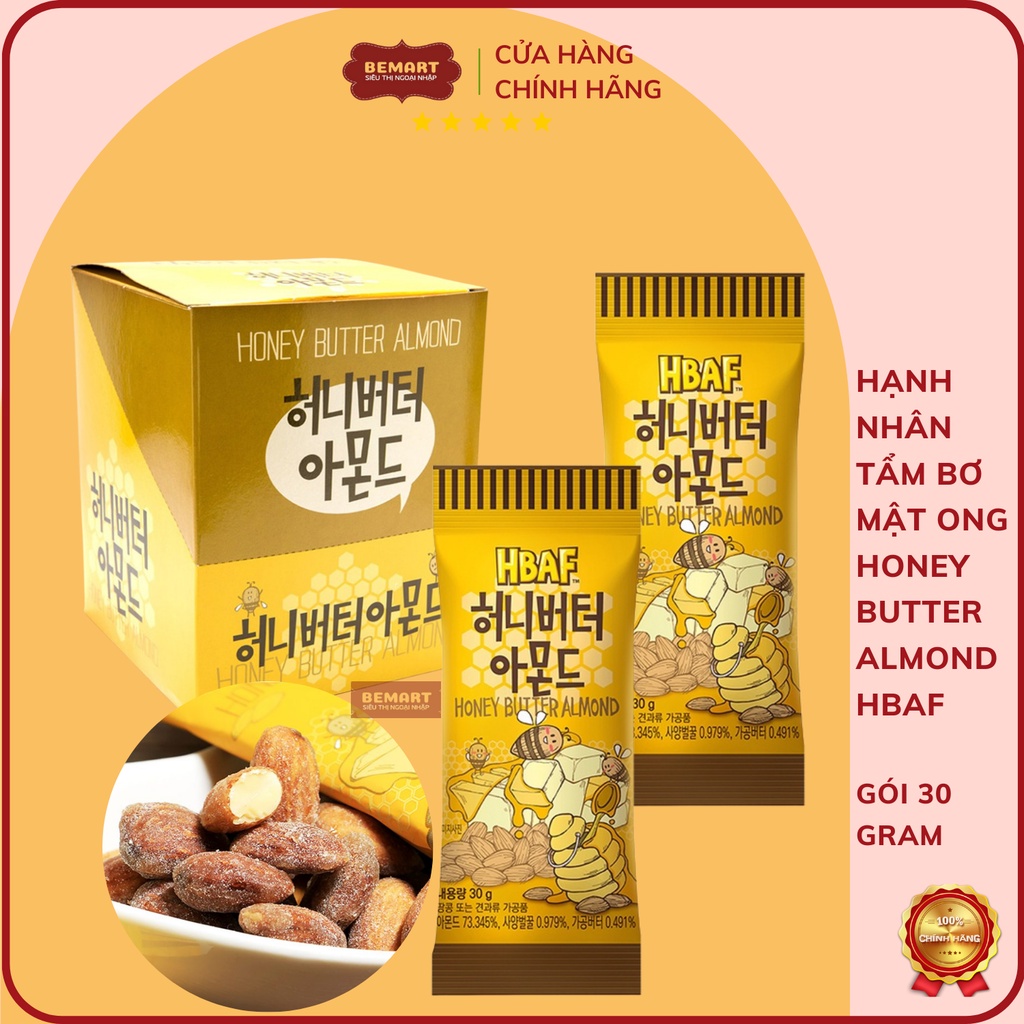 HẠT HẠNH NHÂN TẨM VỊ BƠ MẬT ONG HBAF Tom's Farm ( gói 30Gr ) Hàn Quốc