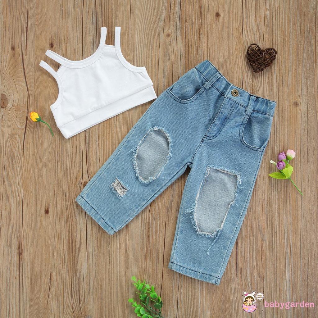 Set Áo hai dây + Quần Jeans Lưng Cao Thời Trang Mùa Hè Cho Bé Gái 1-7 Tuổi