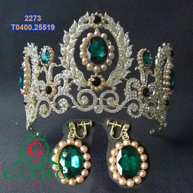 Vương miện cô dâu dáng to hạt xanh lá
