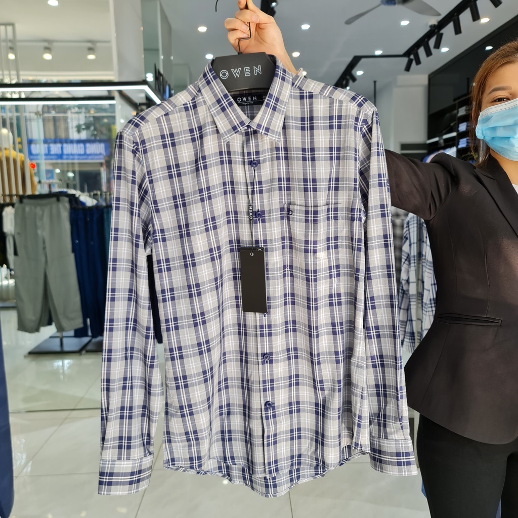 Áo sơ mi nam dài tay OWEN AR61047DT somi công sở vải sợi tre cao cấp màu xám kẻ caro xanh than dáng suông tà lượn có túi