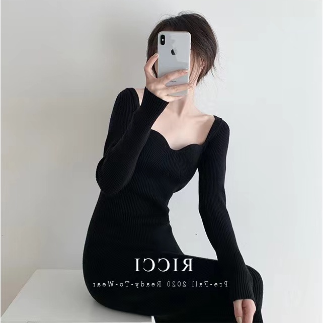 DUNEA Đầm dệt kim đen dáng ôm dài thời trang dành cho nữ