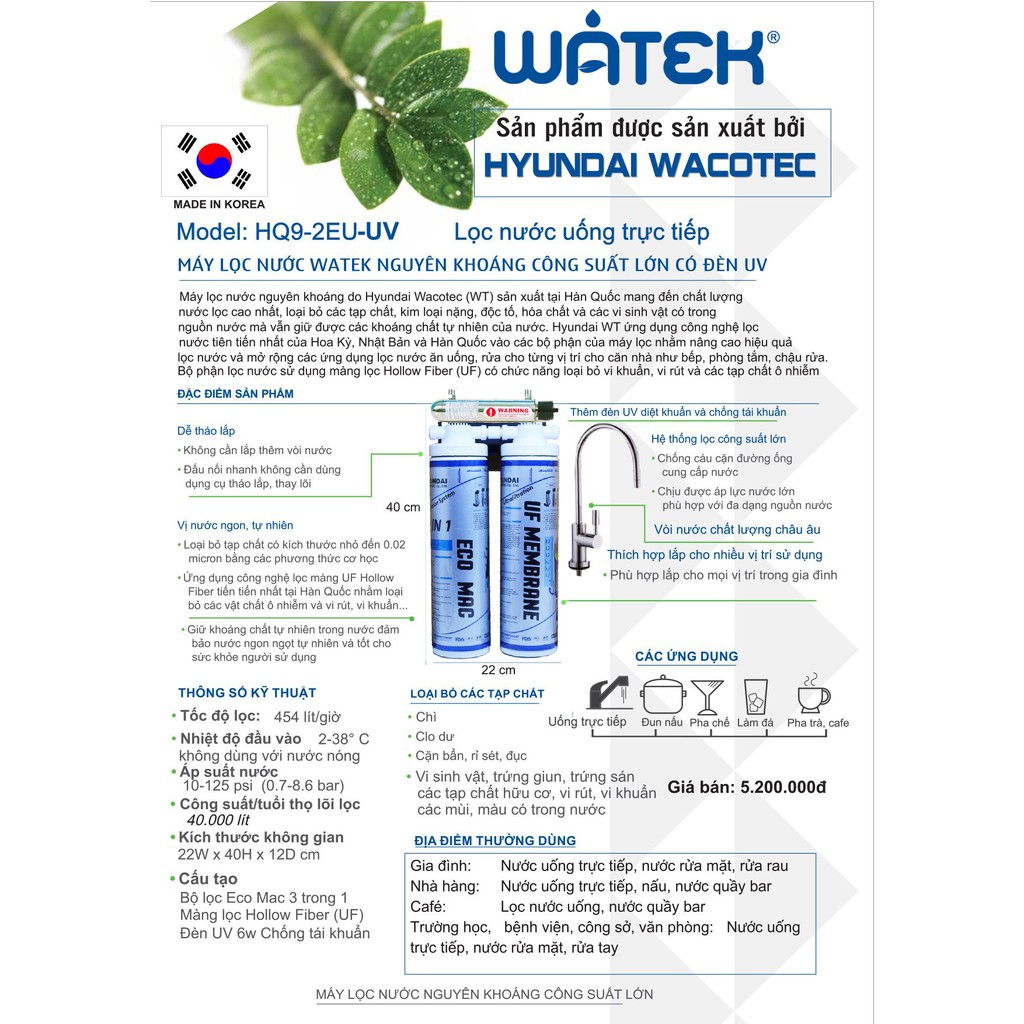 [Bộ lọc nước Watek HQ9-2EU-UV] - Công Nghệ UF Màng Lọc Sợi Rỗng - Diệt Khuẩn - Nước Uống Trực Tiếp - Thế Giới Lọc Nước