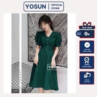 Đầm Nữ Dự Tiệc Cưới Cổ Sen Nút Ngọc Tay Phồng Tiểu Thư Sang Chảnh, Váy Thiết Kế Công Sở Form Xòe Quý Phái Màu Xanh Rêu