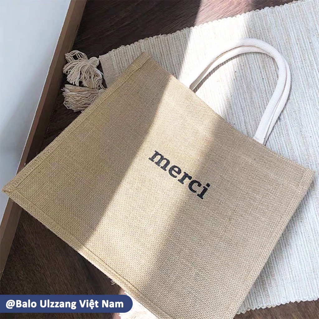 Túi cói đi biển Merci, túi cói du lịch vintage phong cách thời trang Hàn Quốc rẻ đẹp