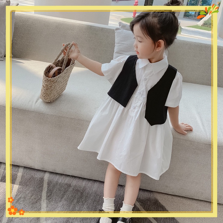Set Đầm Sơ Mi Trắng Đen Không Tay + Áo Sơ Mi Phong Cách Chuẩn Bị Dành Cho Bé Gái