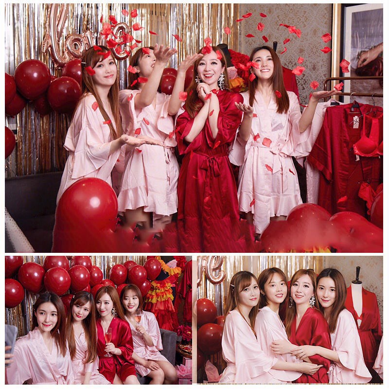 Áo choàng ngủ lụa cho cô dâu kiểu kimono in chữ sang trọng | BigBuy360 - bigbuy360.vn
