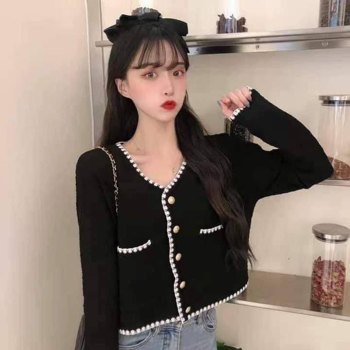 Áo Cardigan Dài Tay Cổ V Vải Dệt Kim Dáng Croptop 2 Màu Đen, Trắng Phong Cách Thời Trang Hàn Quốc Ulzzang | BigBuy360 - bigbuy360.vn