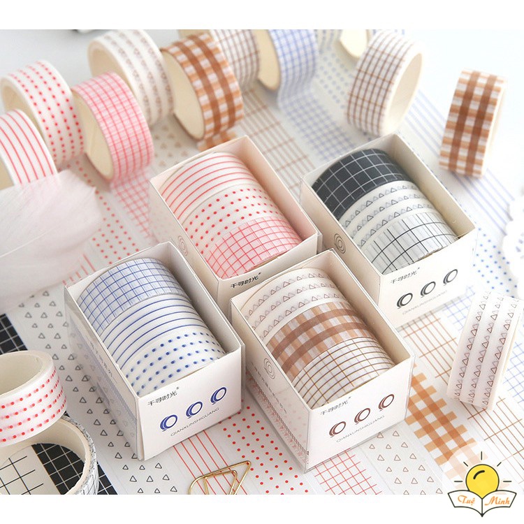 Set washi tape dài 3m họa tiết kẻ, chấm bi - bộ băng dính trang trí sổ Bullet Journal, thiệp